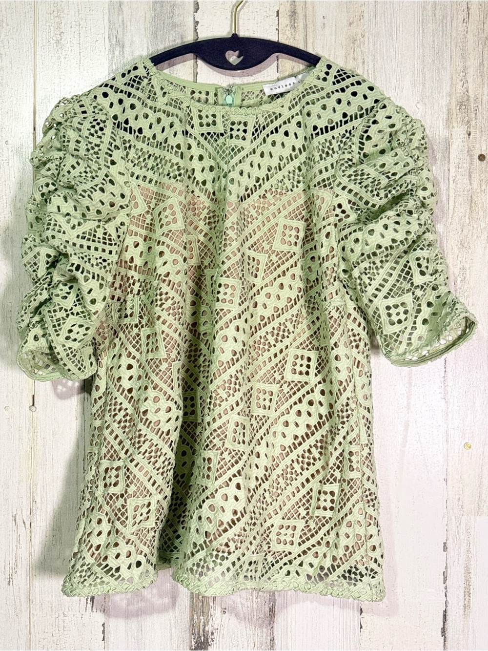 Endless Rose Sage Green Geometric Lace Puff Sleeve Top Blouse M